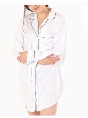 Classic White Button-Front Sleep Shirt Contrast Piping Ettitude Sateen Cloud